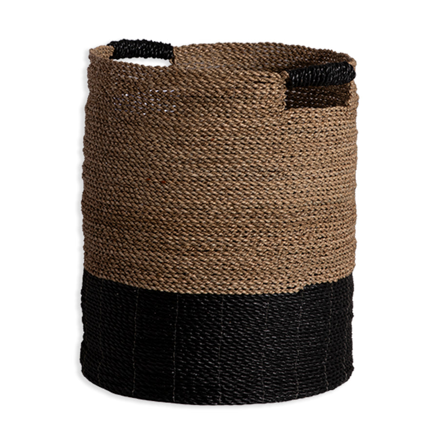 Woven storage basket, Two-tone seagrass basket, Handwoven laundry basket, Eco-friendly storage solution,
Rustic home décor basket, Stylish woven basket for living room, Handcrafted seagrass laundry hamper.