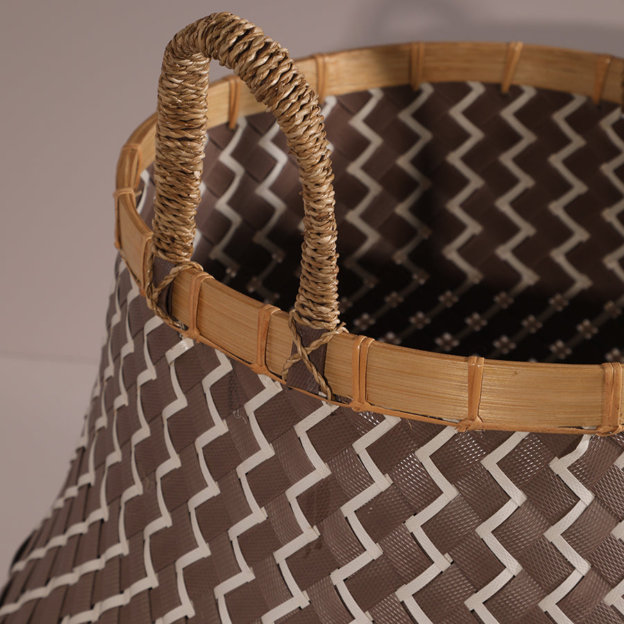 Handwoven basket, Decorative storage basket, Artisan home décor, Wicker basket with handles, Natural fiber basket, Bamboo rim basket, Laundry storage basket, Living room organizer, Toy storage solution.
