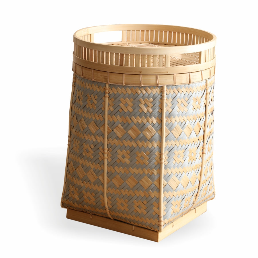 Patterned woven basket, Lidded bamboo basket, Decorative storage hamper, Intricately woven bamboo laundry basket, Handmade lidded storage hamper, Artisan woven home décor, Boho patterned storage solution, Bamboo and rattan lidded basket, Natural wood and fiber weave bin .