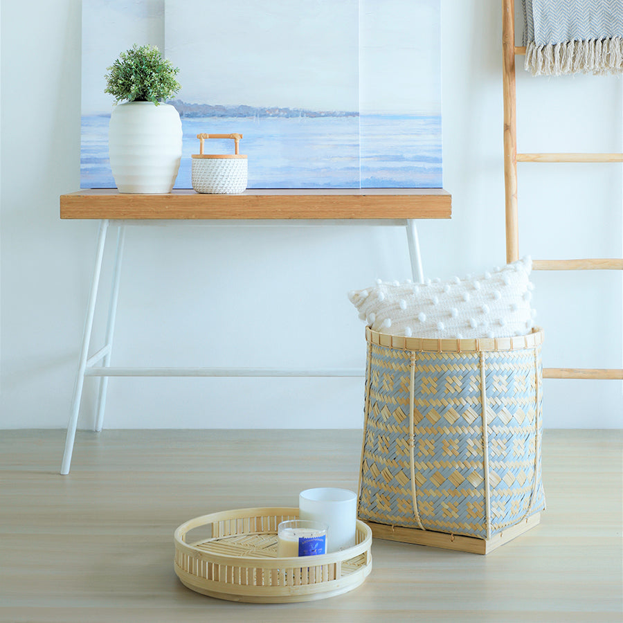 Handwoven bamboo storage basket, Rattan pillow storage basket, Stylish woven basket for living room, Handmade basket for organizing cushions, Bamboo decorative serving tray, Round rattan tray with handles, Eco-friendly bamboo tray for candles, Minimalist coffee table tray décor .