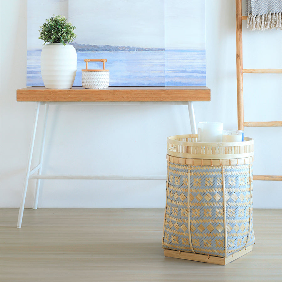 Handwoven bamboo basket table, Rattan storage basket with lid, Bamboo basket for storage and home décor, Rustic woven table with storage function, Natural bamboo and rattan furniture, Sustainable storage solution, Japandi style side table, Coastal chic living room décor .