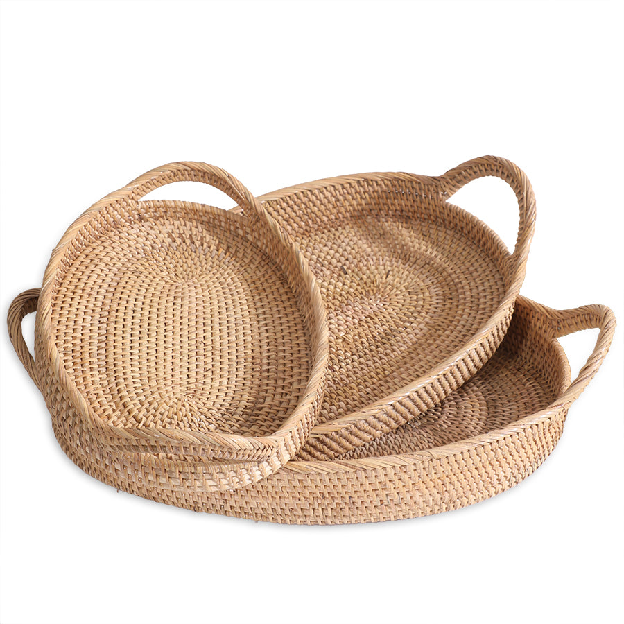 Woven rattan tray set, Oval wicker serving trays, Handwoven basket trays, Boho rattan serving trays, Eco-friendly wicker trays, Decorative oval trays for coffee table or ottoman,
Rustic woven trays for kitchen or dining.