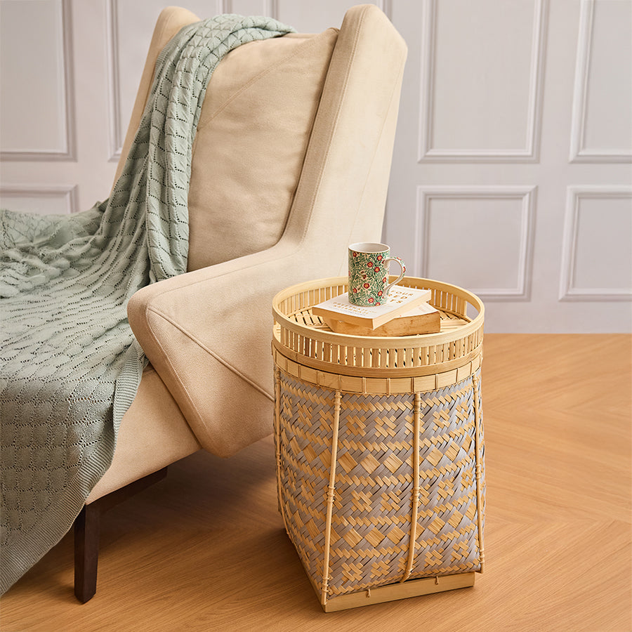 Woven basket side table, Multifunctional lidded basket, Woven bamboo basket with flat lid for table use, Stylish storage basket side table combo, Boho chic woven furniture,
Japandi style accent table, Bamboo and rattan lidded storage, Durable handcrafted woven basket .