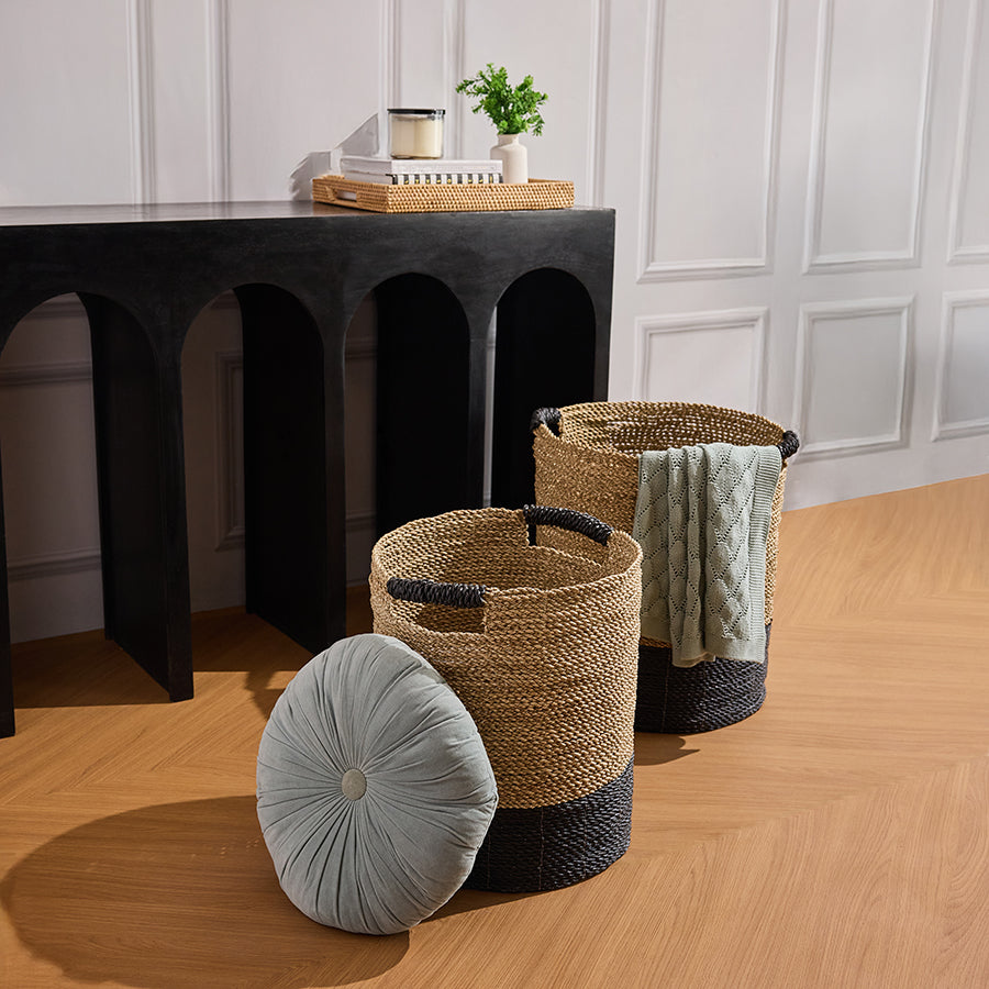 Two-tone woven storage basket,
Handwoven seagrass basket, Eco-friendly storage basket, Boho woven basket with handles, Stylish woven basket for modern home décor.
