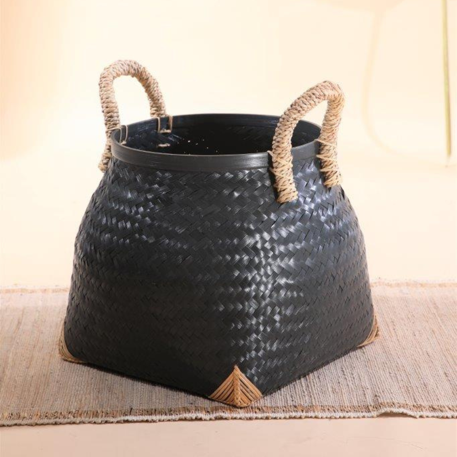 Black woven basket,
Decorative storage basket,
Handwoven storage bin, Black handwoven storage basket with rope handles, Stylish decorative basket for home organization, Natural fiber basket, Modern farmhouse storage, Boho storage solution.