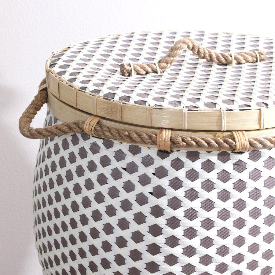 decorative basket for home organization, lidded basket with natural bamboo rim, bohemian style woven storage basket, modern rustic storage solution, handmade woven basket with cover, round laundry basket with lid, artisanal home décor basket.