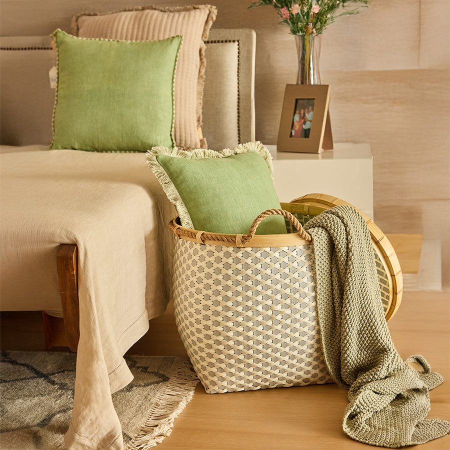 Woven storage basket, Grey and white decorative basket, Handcrafted laundry basket, Natural rope handle basket, Boho home décor storage, Multipurpose storage bin, Soft woven texture basket, Rustic style basket, Wicker-style decorative basket, Bedroom laundry hamper, Scandinavian style basket, 
Cozy corner décor accessories .