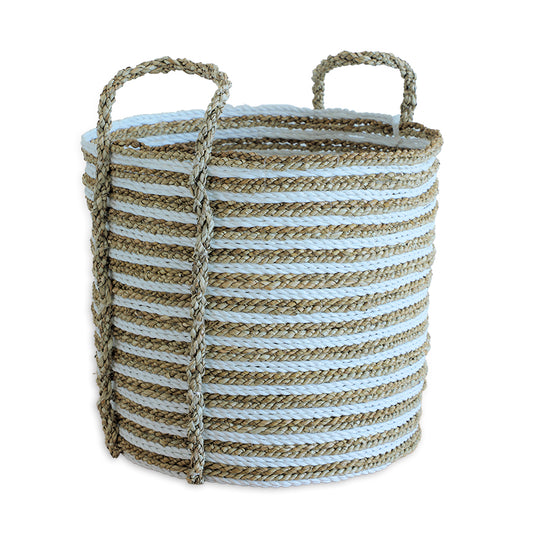 natural braided storage basket, white and jute rope basket, round woven basket with handles, eco-friendly decorative storage bin, handcrafted rope basket for home, rustic modern woven basket, seagrass style basket with handles, multipurpose rope laundry basket.