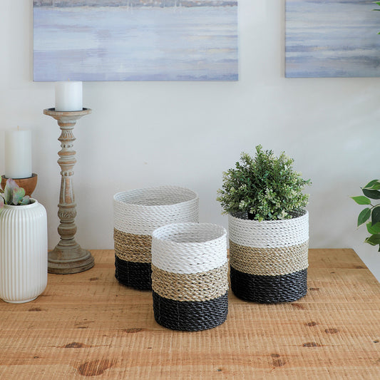 Black white natural woven basket, 
Color block rope storage basket, Decorative handwoven basket set, Mini planter basket, Small rope baskets for home décor, Modern farmhouse style storage baskets, Handcrafted multi-tone basket set, Natural fiber rope planters, 
Stylish organizer baskets for shelves.
