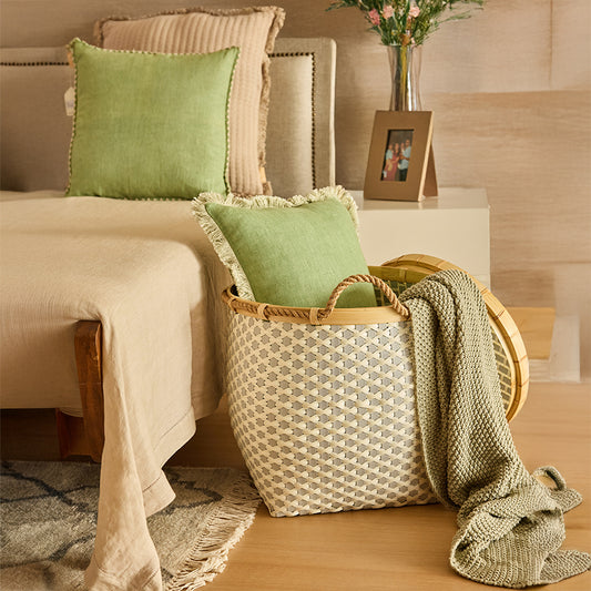 Woven bedroom storage basket, Decorative laundry hamper with lid, 
Rope handle woven basket, Bamboo rim woven hamper, Beige and grey storage bin, Cozy woven basket for blankets and pillows, Multipurpose basket for bedroom or living room, Neutral tone laundry basket with handles, Handcrafted woven hamper for home décor, Stylish storage basket for modern interiors. 