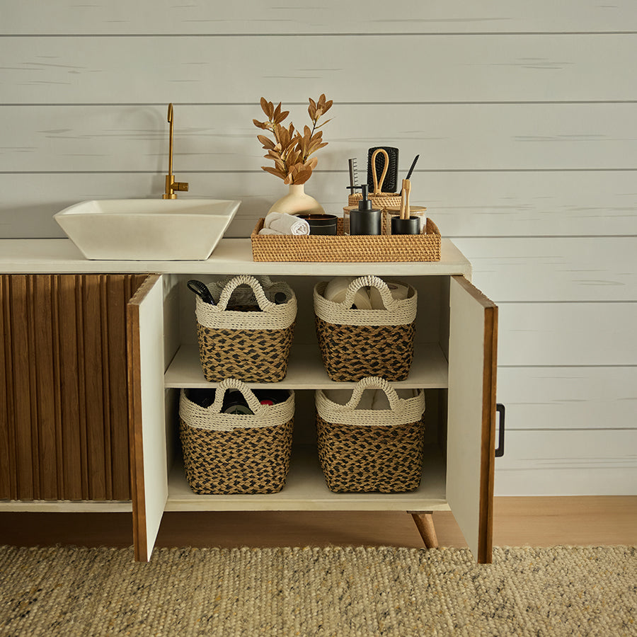 Woven bathroom storage baskets, Seagrass and rope baskets, Small natural storage bins, Handwoven baskets with handles, Cabinet organizer baskets, Rustic bathroom organization, Boho basket set for cabinets, Decorative baskets for shelves, Eco-friendly woven baskets, 
Natural fiber baskets for home .

