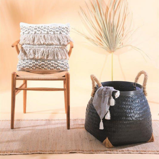 Boho decorative throw pillows, 
fringed bohemian cushions, 
textured Boho couch pillows, 
handwoven macramé cushions, 
beige and white Boho pillows.