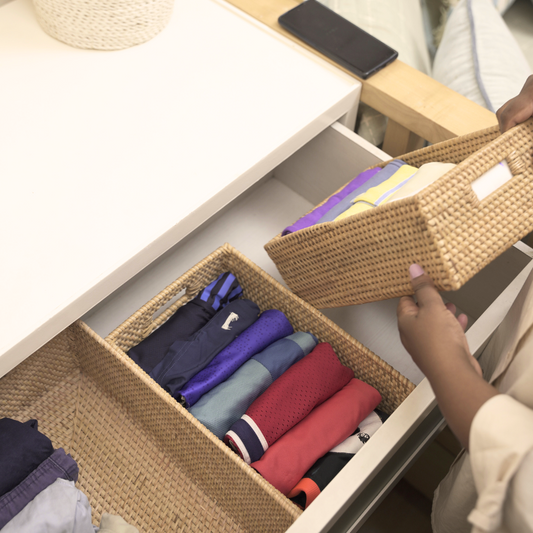 Wicker storage basket, Rattan drawer organizer, Handwoven storage bins, Closet organization basket, Foldable drawer storage, Natural fiber drawer organizer, Woven basket for wardrobe, Eco-friendly closet organizer, Rattan box for folded clothes, Storage basket for shelf or drawer.
