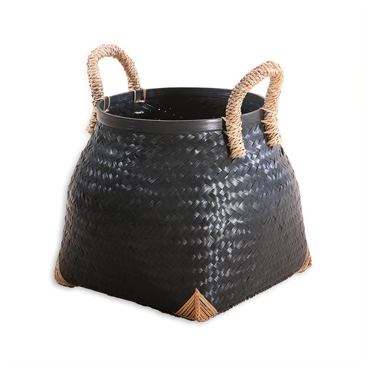 black woven storage basket, handwoven black planter basket, 
decorative black bamboo basket, 
black Boho style storage basket, 
natural fiber planter basket, 
rustic black storage bin with handles,
eco-friendly woven planter.