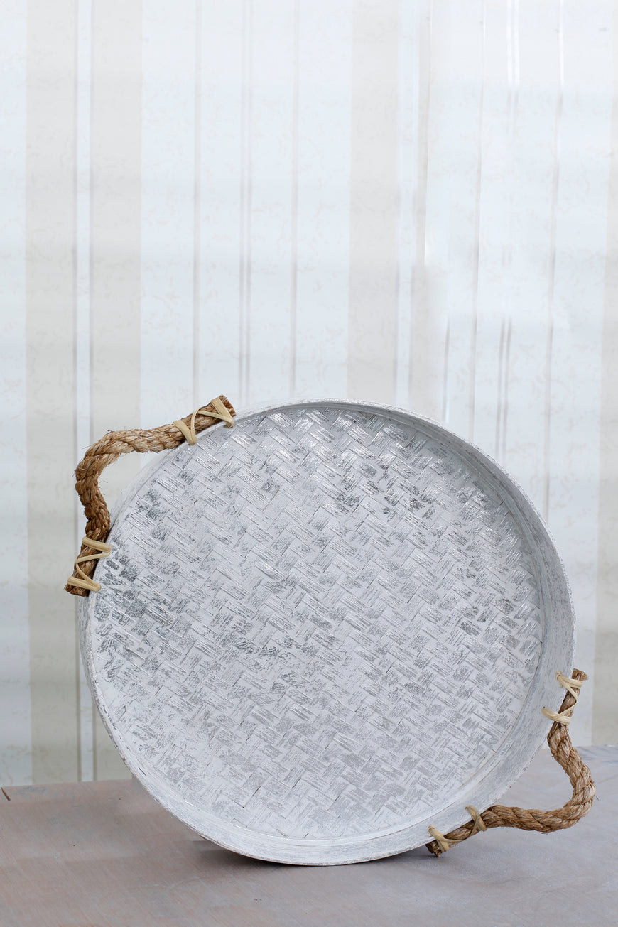 ROPE HANDLE TRAY WHITE SILVER